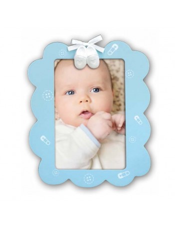 Cornice Nascita Bimbo Foto 10x15 - Portafoto Legno Azzurro per Battesimo con Scarpine