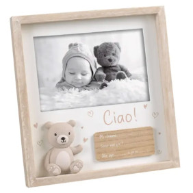 Cornice Portafoto in Legno Mascagni Nascita con Orsetto e Scritta Ciao 10x15 cm