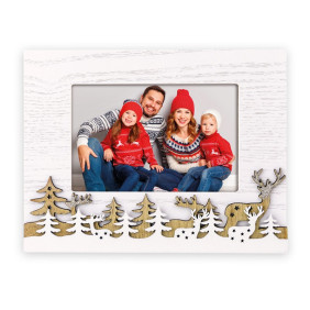 Cornice Portafoto Natalizia Shabby Chic – Legno Bianco con Decorazione Renne e Abeti in Rilievo Elliot