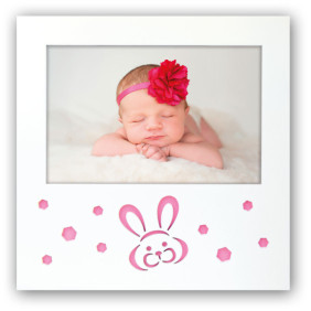 Cornice Bambina 10x15 - Portafoto Legno Bianco Coniglietto Stilizzato Rosa Perfetta per Bimbe e Neonate